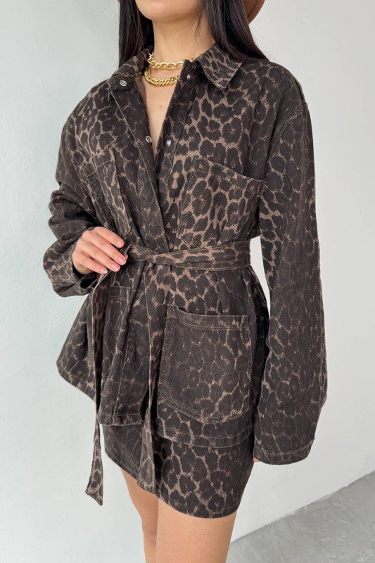 TKM-03693 Leopar Desen Denim Ceket Mini Etek İkili Takım