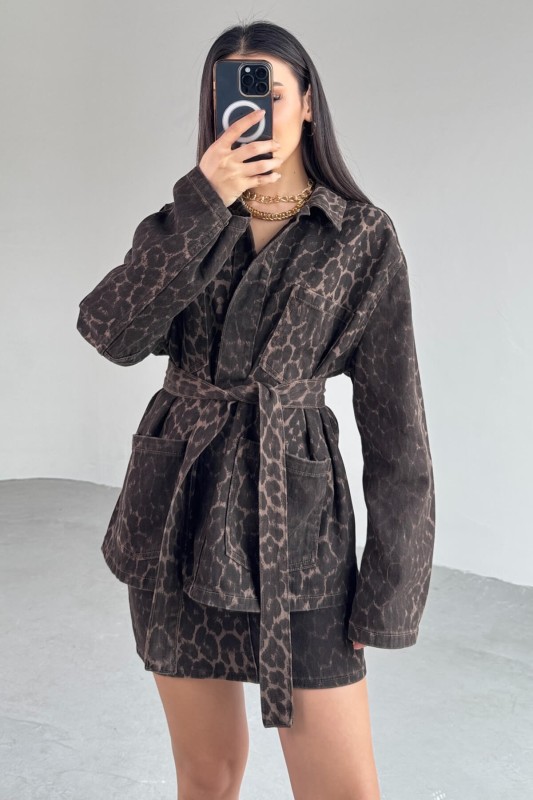 TKM-03693 Leopar Desen Denim Ceket Mini Etek İkili Takım