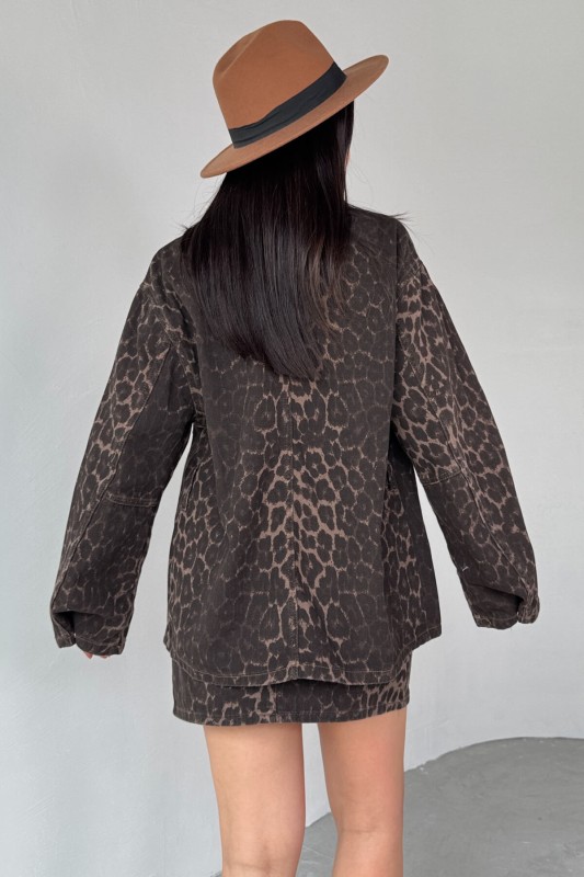 TKM-03693 Leopar Desen Denim Ceket Mini Etek İkili Takım