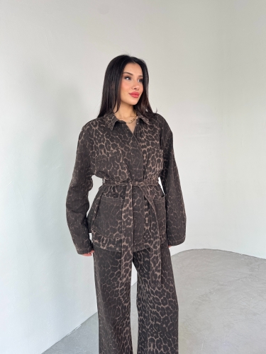 Cappmoda - TKM-03694 Leopar Desen Denim Ceket Pantolon İkili Takım (1)