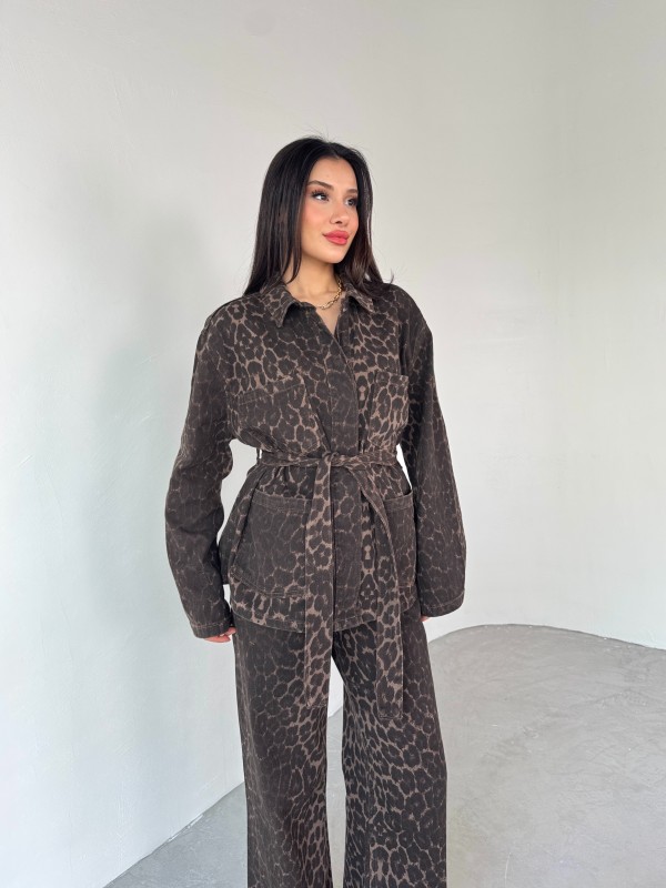TKM-03694 Leopar Desen Denim Ceket Pantolon İkili Takım