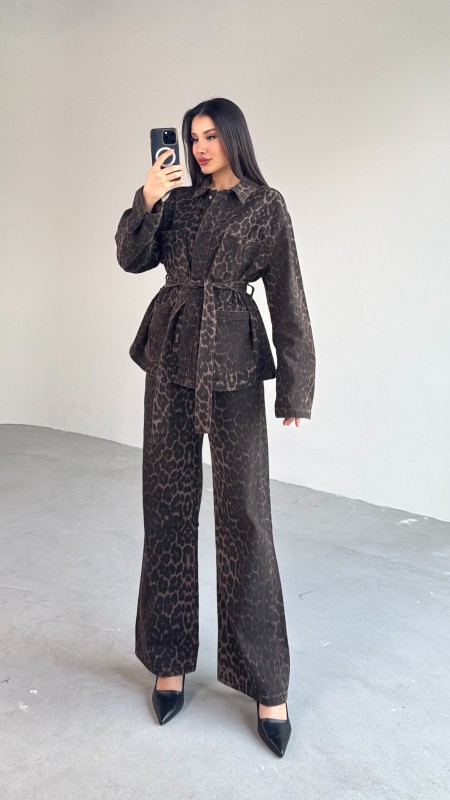 TKM-03694 Leopar Desen Denim Ceket Pantolon İkili Takım