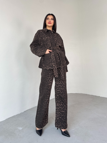 TKM-03694 Leopar Desen Denim Ceket Pantolon İkili Takım - Thumbnail