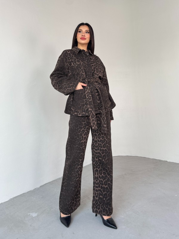 TKM-03694 Leopar Desen Denim Ceket Pantolon İkili Takım
