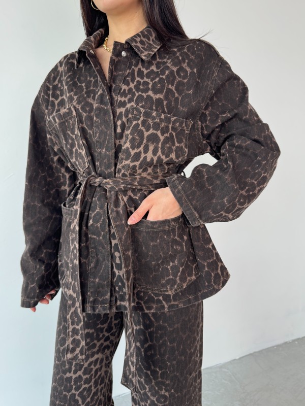 TKM-03694 Leopar Desen Denim Ceket Pantolon İkili Takım