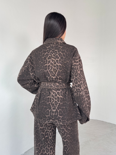 TKM-03694 Leopar Desen Denim Ceket Pantolon İkili Takım - Thumbnail