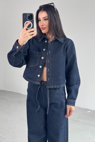 Cappmoda - TKM-03695 Lacivert Denim Kumaş Düğmeli Ceket Lastikli Salaş Pantolon İkili Takım (1)