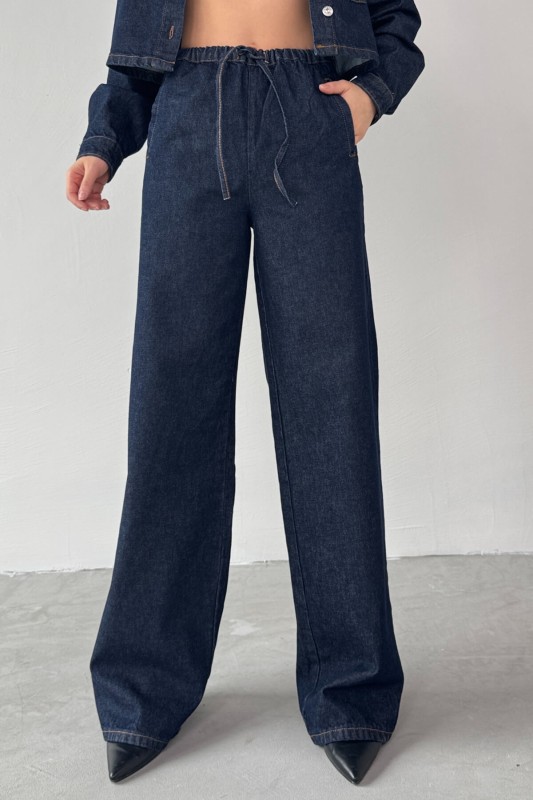 TKM-03695 Lacivert Denim Kumaş Düğmeli Ceket Lastikli Salaş Pantolon İkili Takım