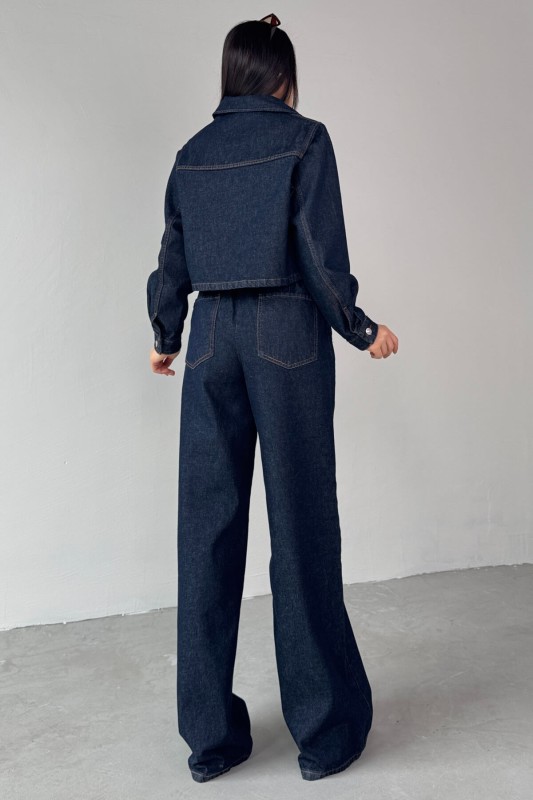 TKM-03695 Lacivert Denim Kumaş Düğmeli Ceket Lastikli Salaş Pantolon İkili Takım