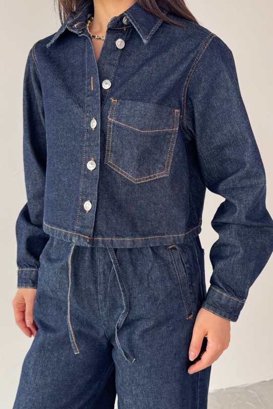 TKM-03695 Lacivert Denim Kumaş Düğmeli Ceket Lastikli Salaş Pantolon İkili Takım