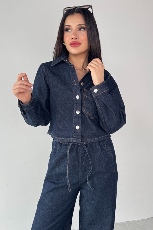 TKM-03695 Lacivert Denim Kumaş Düğmeli Ceket Lastikli Salaş Pantolon İkili Takım