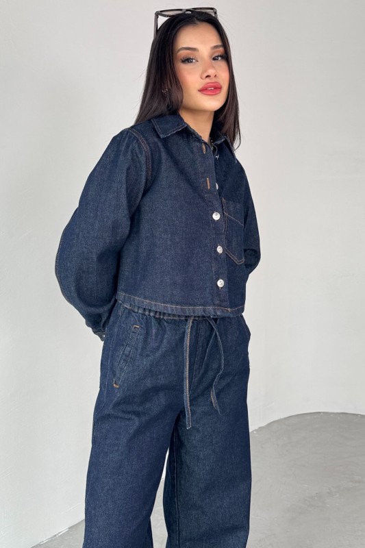 TKM-03695 Lacivert Denim Kumaş Düğmeli Ceket Lastikli Salaş Pantolon İkili Takım