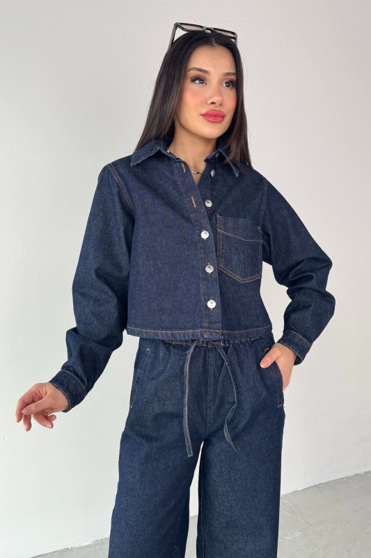 TKM-03695 Lacivert Denim Kumaş Düğmeli Ceket Lastikli Salaş Pantolon İkili Takım