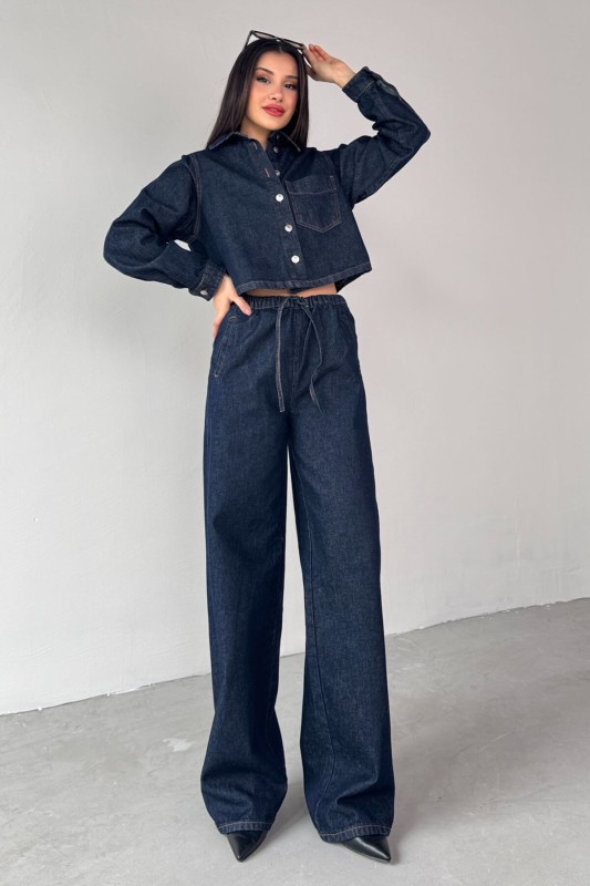 TKM-03695 Lacivert Denim Kumaş Düğmeli Ceket Lastikli Salaş Pantolon İkili Takım