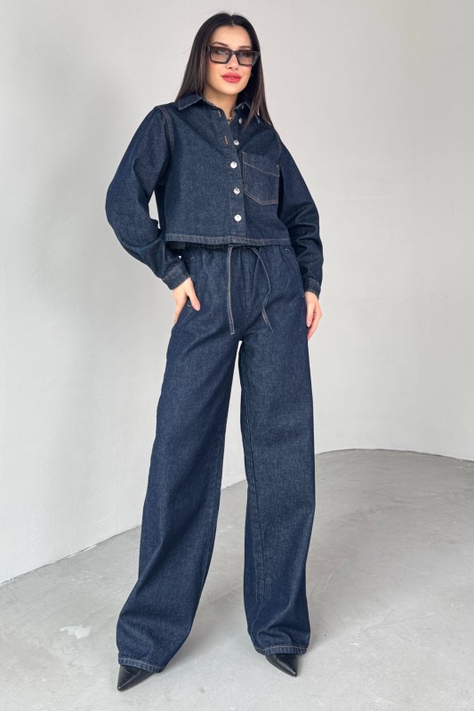 TKM-03695 Lacivert Denim Kumaş Düğmeli Ceket Lastikli Salaş Pantolon İkili Takım