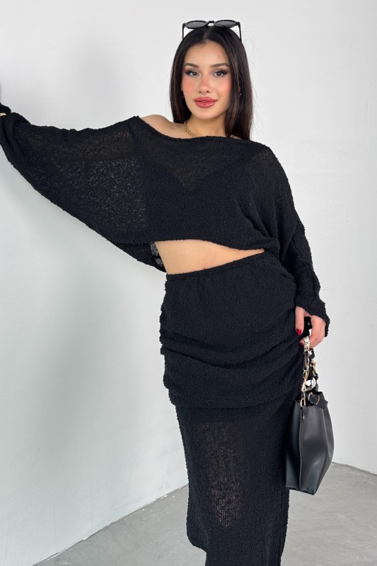 TKM-03697 Siyah Örümcek Triko Kumaş Salaş Uzun Kol Bluz Bel Detaylı Etek İkili Takım - 5