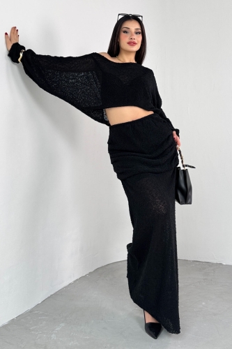 TKM-03697 Siyah Örümcek Triko Kumaş Salaş Uzun Kol Bluz Bel Detaylı Etek İkili Takım - 6