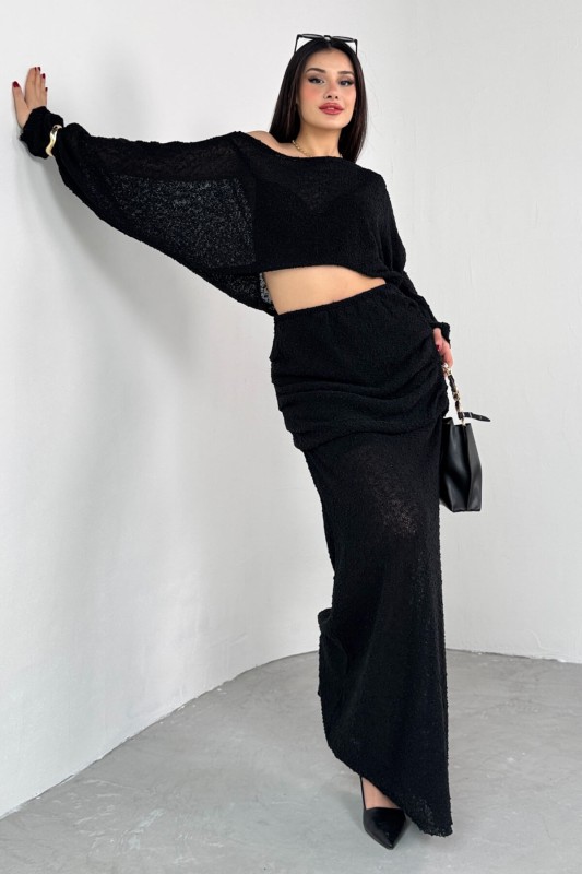 TKM-03697 Siyah Örümcek Triko Kumaş Salaş Uzun Kol Bluz Bel Detaylı Etek İkili Takım - 6