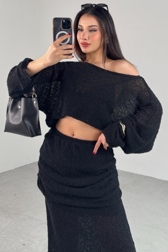 TKM-03697 Siyah Örümcek Triko Kumaş Salaş Uzun Kol Bluz Bel Detaylı Etek İkili Takım - 2