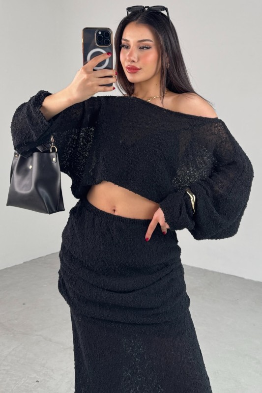TKM-03697 Siyah Örümcek Triko Kumaş Salaş Uzun Kol Bluz Bel Detaylı Etek İkili Takım - 2