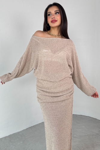 TKM-03697 Vizon Örümcek Triko Kumaş Salaş Uzun Kol Bluz Bel Detaylı Etek İkili Takım - 2