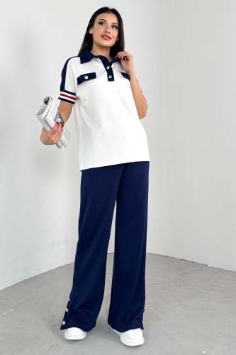 TKM-03699 Beyaz Polo Yaka Tişört Lacivert Pantolon İkili Takım - 3