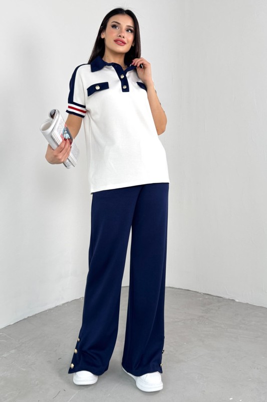 TKM-03699 Beyaz Polo Yaka Tişört Lacivert Pantolon İkili Takım - 3