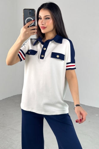 TKM-03699 Beyaz Polo Yaka Tişört Lacivert Pantolon İkili Takım - 4