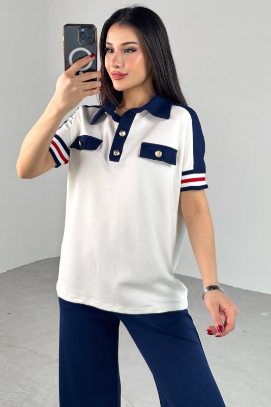 TKM-03699 Beyaz Polo Yaka Tişört Lacivert Pantolon İkili Takım - 4