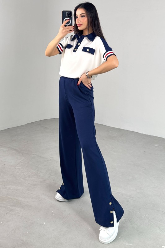 TKM-03699 Beyaz Polo Yaka Tişört Lacivert Pantolon İkili Takım - 5