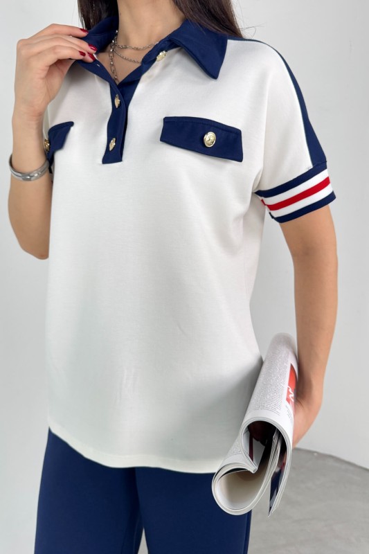 TKM-03699 Beyaz Polo Yaka Tişört Lacivert Pantolon İkili Takım - 9