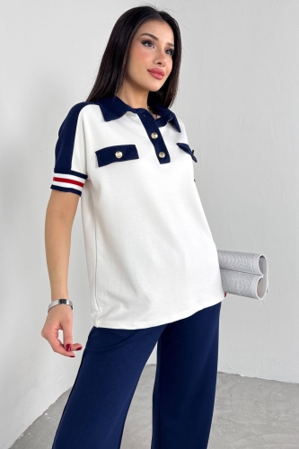 TKM-03699 Beyaz Polo Yaka Tişört Lacivert Pantolon İkili Takım - 2