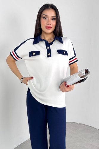 TKM-03699 Beyaz Polo Yaka Tişört Lacivert Pantolon İkili Takım - 10
