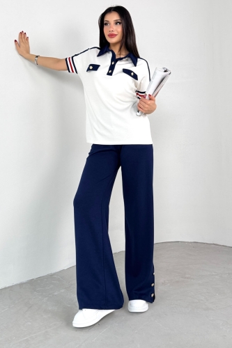 TKM-03699 Beyaz Polo Yaka Tişört Lacivert Pantolon İkili Takım - 1