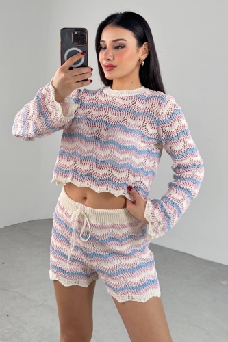 TKM-03700 Pudra Mavi Çizgili Fisto Triko Bluz Lastikli Şort İkili Takım - 2
