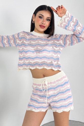 TKM-03700 Pudra Mavi Çizgili Fisto Triko Bluz Lastikli Şort İkili Takım - 7