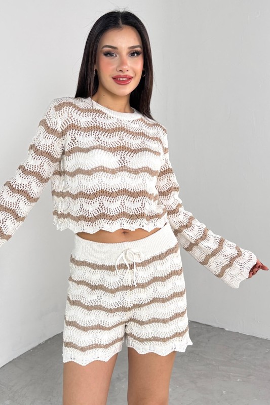 TKM-03700 Vizon Ekru Çizgili Fisto Triko Bluz Lastikli Şort İkili Takım - 2