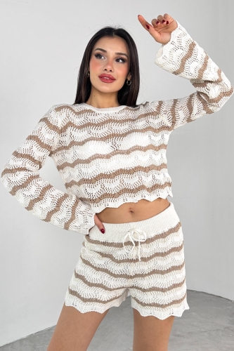 TKM-03700 Vizon Ekru Çizgili Fisto Triko Bluz Lastikli Şort İkili Takım - 3
