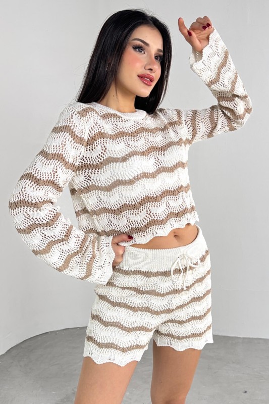 TKM-03700 Vizon Ekru Çizgili Fisto Triko Bluz Lastikli Şort İkili Takım - 4