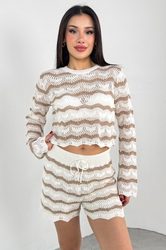 TKM-03700 Vizon Ekru Çizgili Fisto Triko Bluz Lastikli Şort İkili Takım - 5
