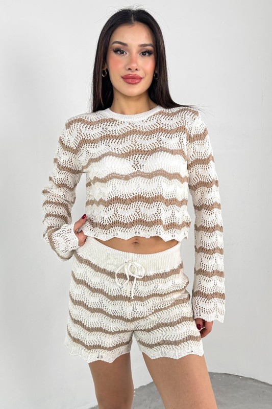 TKM-03700 Vizon Ekru Çizgili Fisto Triko Bluz Lastikli Şort İkili Takım - 5