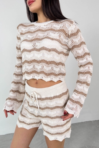 TKM-03700 Vizon Ekru Çizgili Fisto Triko Bluz Lastikli Şort İkili Takım - 8