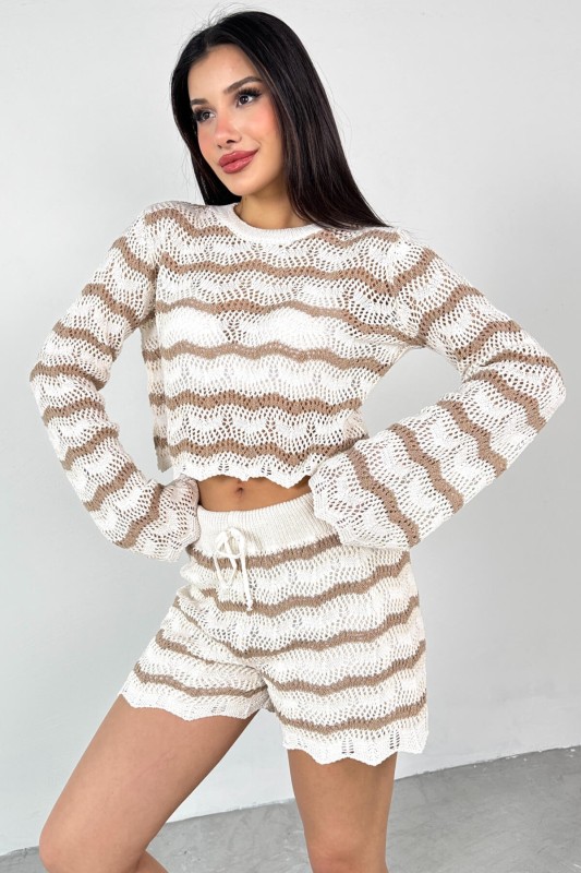 TKM-03700 Vizon Ekru Çizgili Fisto Triko Bluz Lastikli Şort İkili Takım - 1