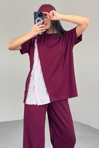 Cappmoda - TKM-03701 Bordo Gömlek Detay Tasarım Tişört Bel Lastikli Pantolon İkili Takım (1)