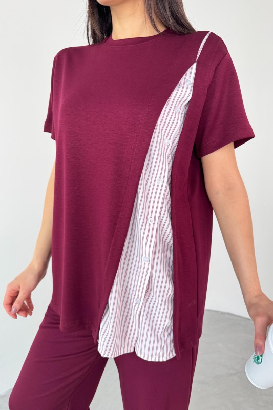 TKM-03701 Bordo Gömlek Detay Tasarım Tişört Bel Lastikli Pantolon İkili Takım