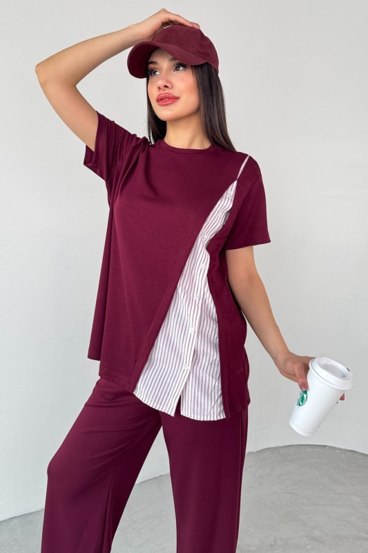 TKM-03701 Bordo Gömlek Detay Tasarım Tişört Bel Lastikli Pantolon İkili Takım