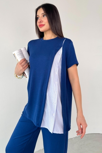 Cappmoda - TKM-03701 Lacivert Gömlek Detay Tasarım Tişört Bel Lastikli Pantolon İkili Takım (1)