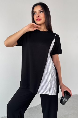 Cappmoda - TKM-03701 Siyah Gömlek Detay Tasarım Tişört Bel Lastikli Pantolon İkili Takım (1)