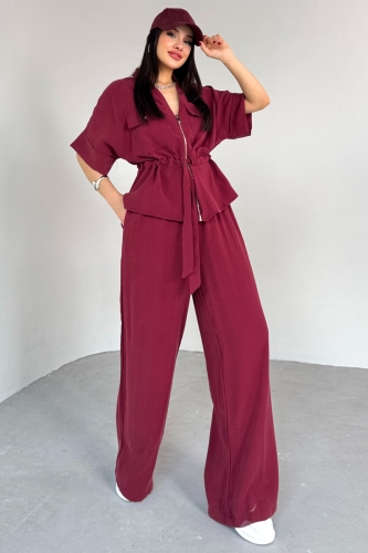 TKM-03704 Bordo Fermuarlı Cep Detaylı Ceket Salaş Pantolon İkili Takım 