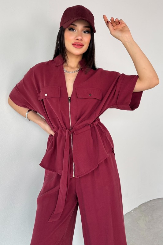 TKM-03704 Bordo Fermuarlı Cep Detaylı Ceket Salaş Pantolon İkili Takım - 2